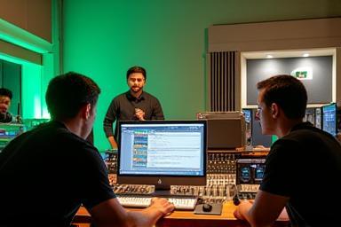Equipe ÁudioNorte Studios trabalhando no estúdio